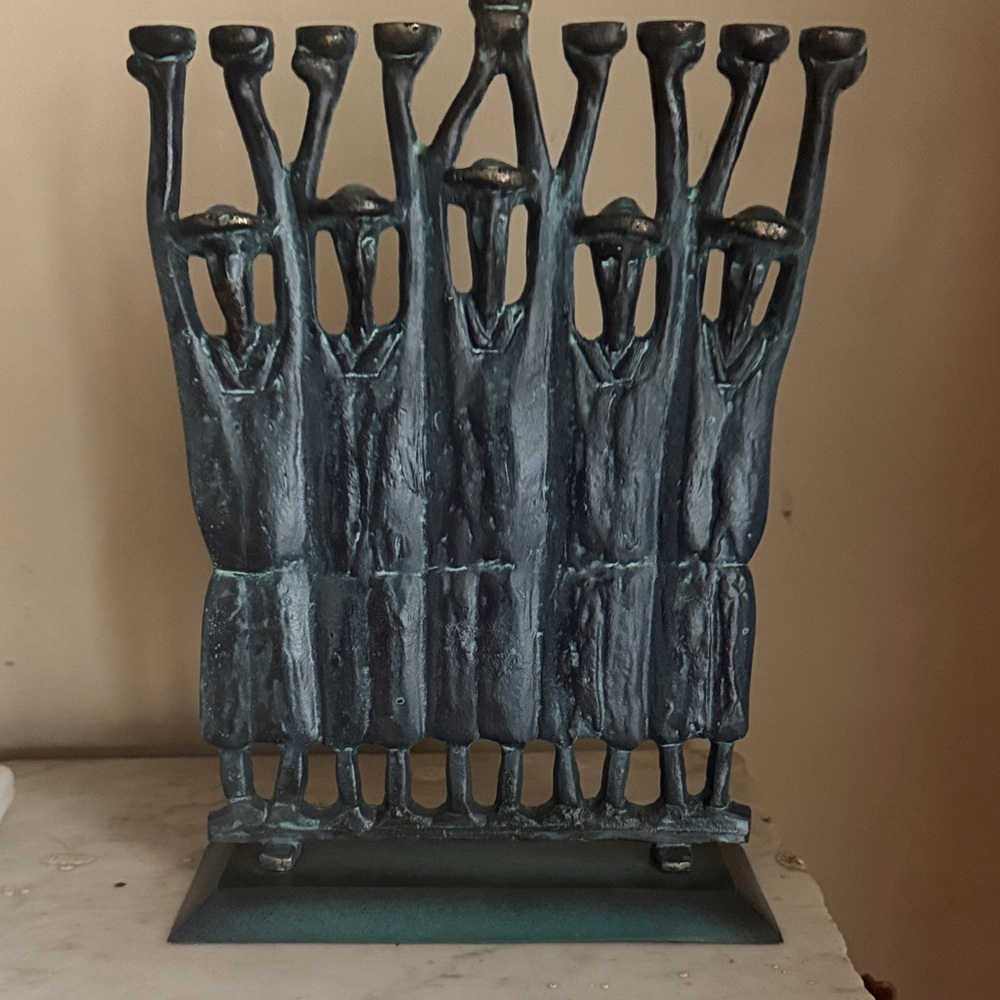 Israel Judaica figurative Brutailist style signed bronze Menorah